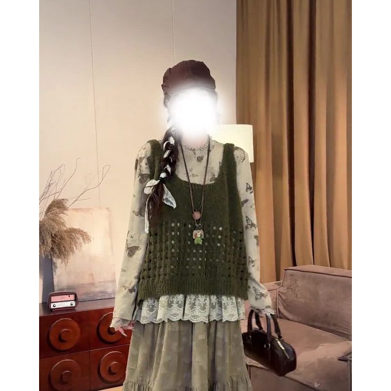 

Plus Size Women s Clothing, New Autumn Korean Style Loose Slimming Versatile Knitted Vest + Base Shirt Set Olive Green (Vest) L