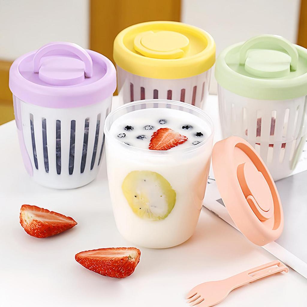 Yogurt Cups With Lids Double Wall Salad Cup Portable Leak Proof Oat Container With Fork&Handle Drain Fruit Cup Breakfast Cup