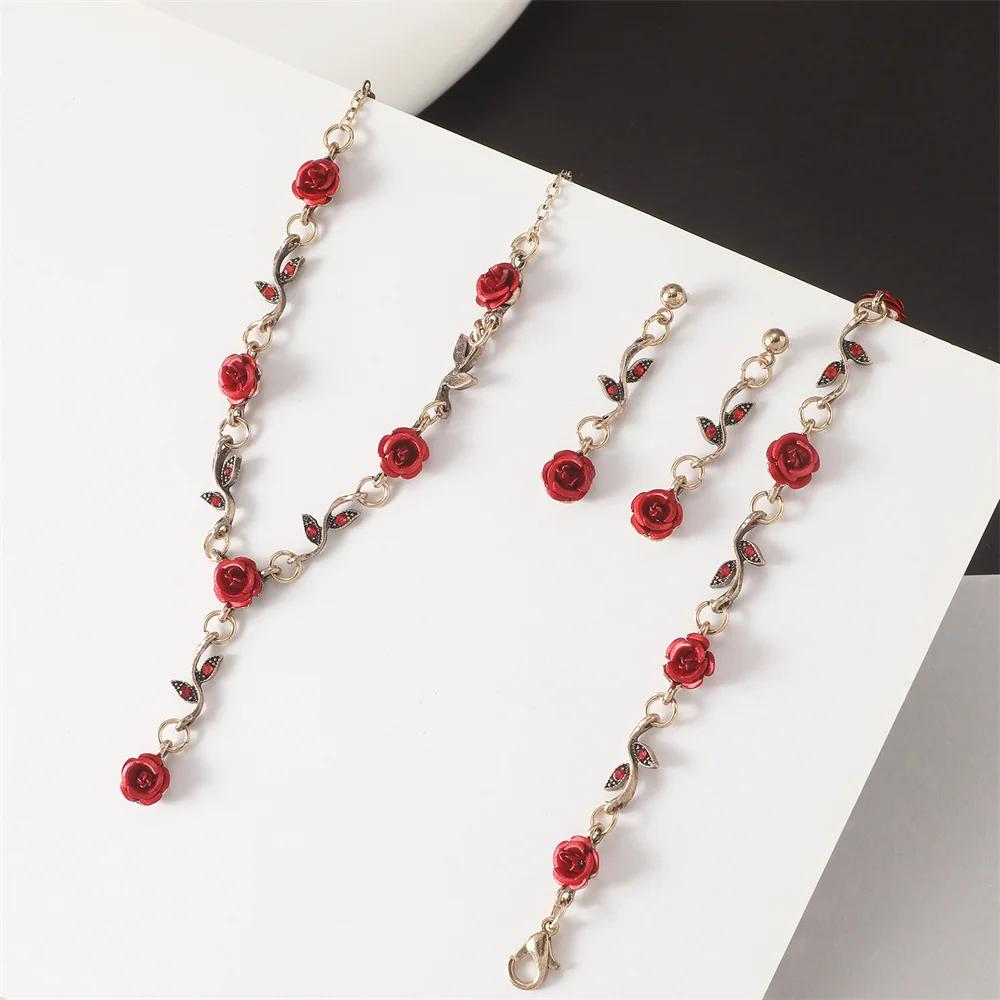 Vintage Red Rose Flower Necklace Bracelet Earring Jewelry Set for Women Tassel Earring Clavicle Chain Wedding Engagement Jewelry