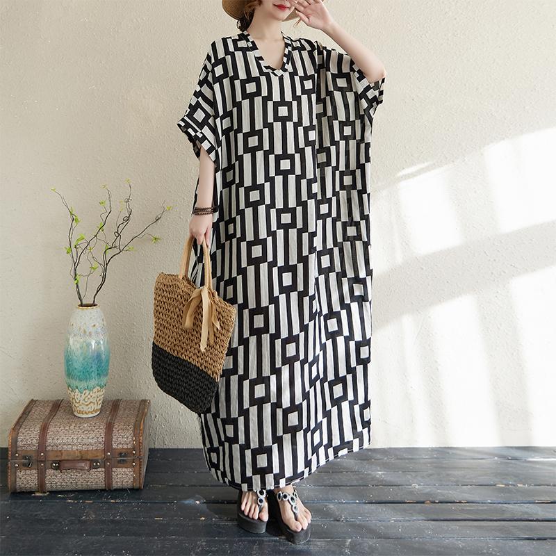 DIMANAF 2025 New Women Plus Size Summer Casual Dress Vintage Long Dress Loose Maxi Basic Printing Holiday