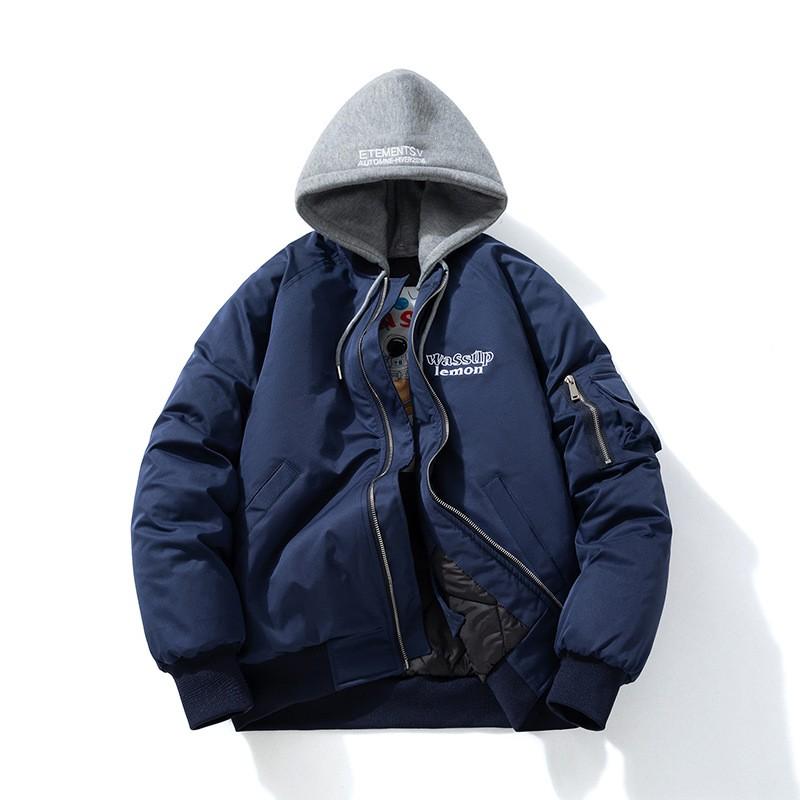 Mens Thickened Hooded Bomber Jacket With Letter Embroidery Streetwear Casual Winter Outerwear
