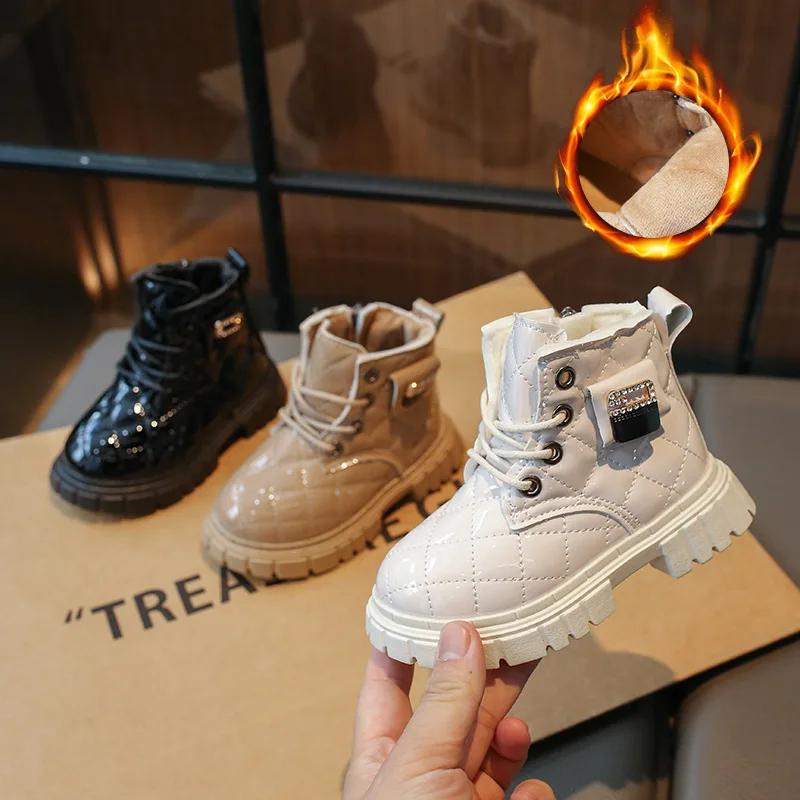 Kids Fashion Boots Glossy Non-slip Boys Girls Ankle Boots Thick Soft Sole 2024 Winter New Children Short Boots with Size Zipper