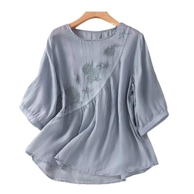 Nova Camisa T-shirt Verão Cor Sólida Novo Estilo Literário Retrô Bordada Algodão Linho Camisa Solta Gola Redonda Pulôver Top