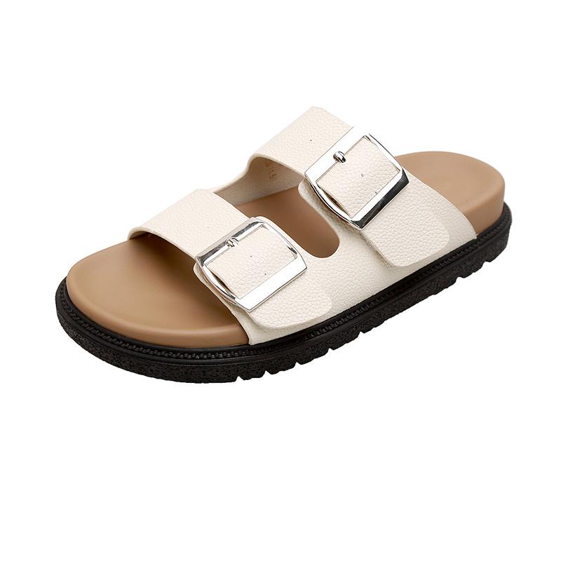 Summer New Flat Bottom One Word with Square Buckle Thick Bottom Beach Cool Slippers Women