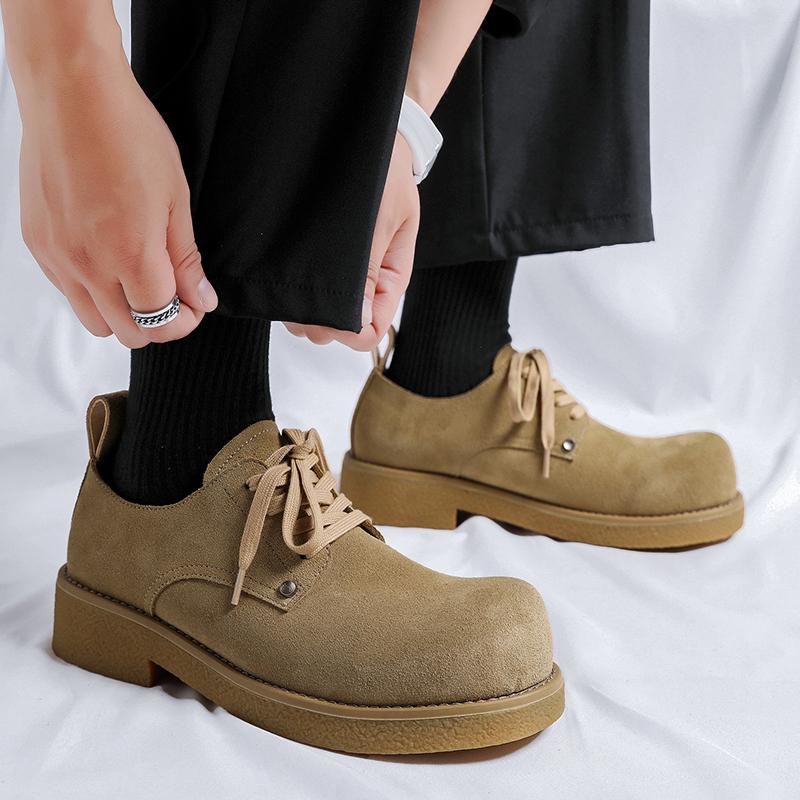 Shoes for Men 2024 Fashion Lace Up Leather Casual Shoes Spring and Autumn Round Toe Solid Platform Mid Heel Water Proof Loafers