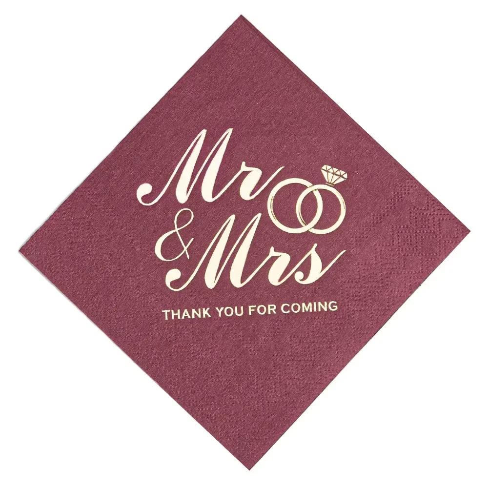 100PCS Mr&Mrs Wedding Paper Napkins Disposable 10inch Bronzing Cocktail Beverage Dessert Napkins Wedding Anniversary Party Decor