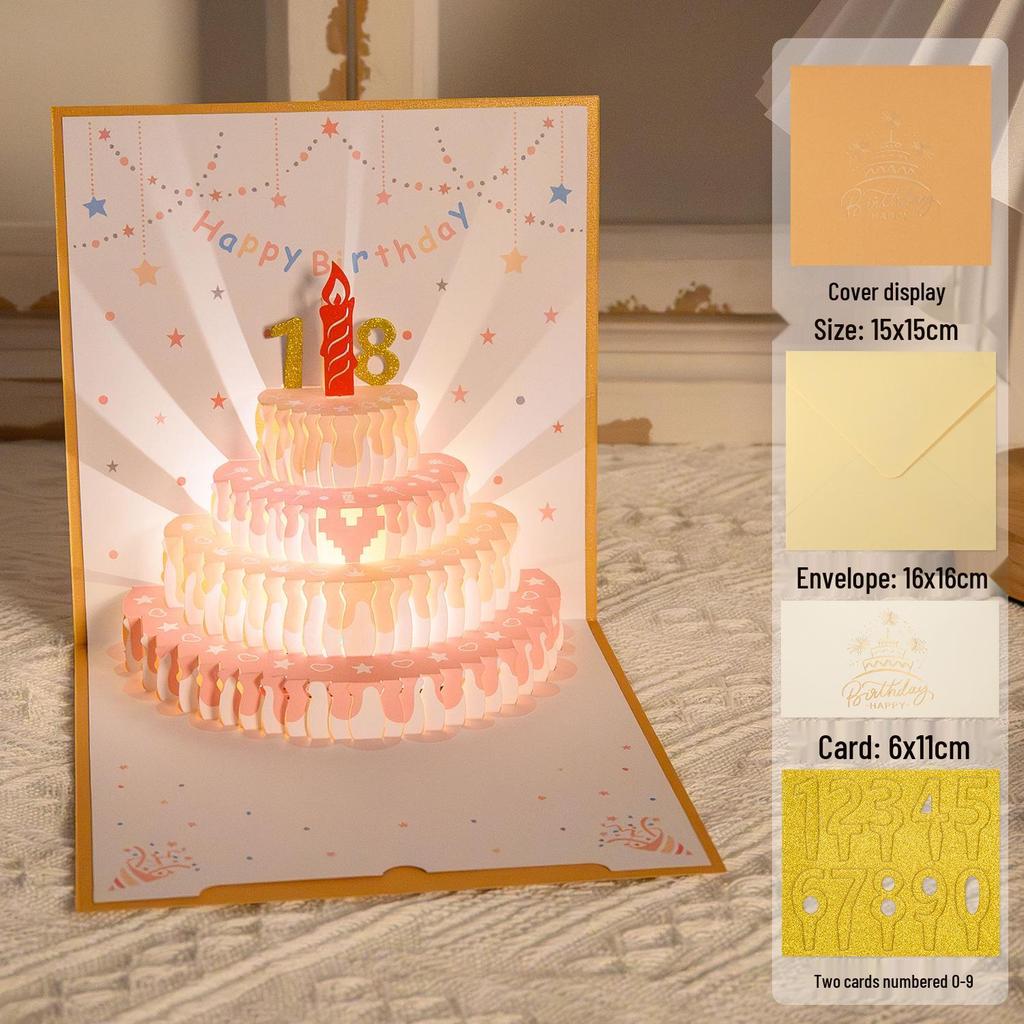 3D Pop-Up Geburtstags-Soundkarte mit Aufnahme-Licht - Kuchen-Design für Freund/Freundin Geschenk