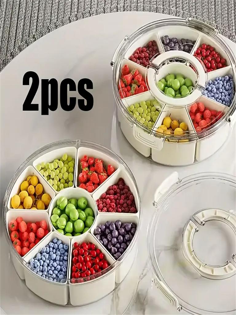 Portable Rotating 2pcs/1pc Divided Tray With Lid And Handle, 11.4 Inch Length - 6 Compartments/8 Compartments, Fruit Snack Veget