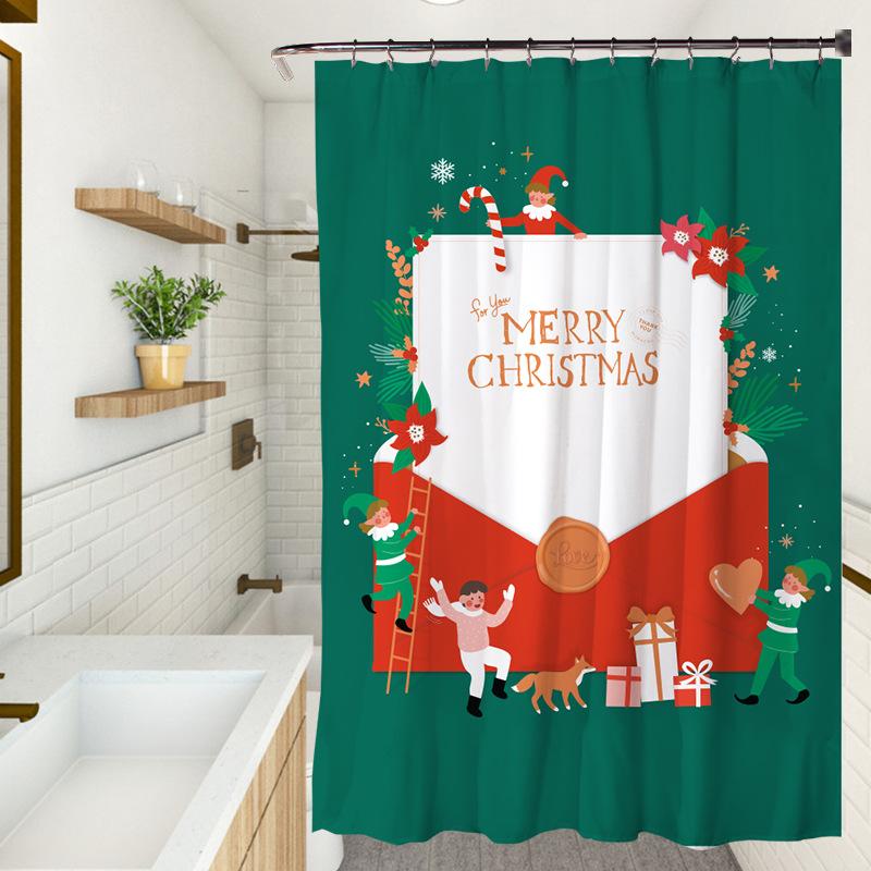 Cute Cartoon Christmas Washable Dirt-Resistant Shower Curtain Shower Head Waterproof Polyester Bath Curtain For Home Decor