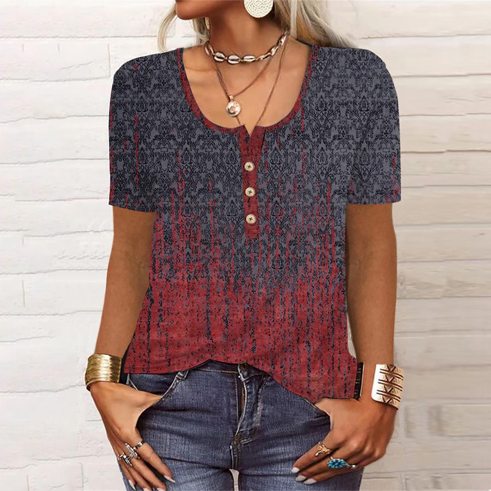 

Женский модный повседневный свободный топ на пуговицах с v-образным вырезом и короткими рукавами с этническим принтом L киноварь