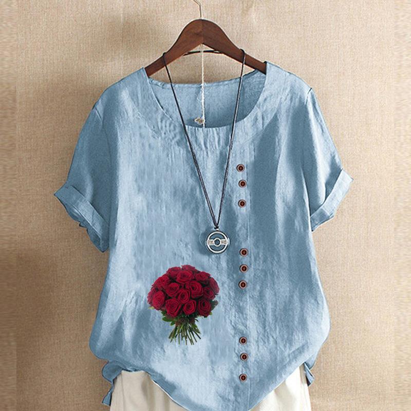 Women's Fashion Rose Prined Round Neck Short Sleeve T-shirt Casual Cotton Linen Graphic Shirt Leisure Loose Summer Blouse Tops