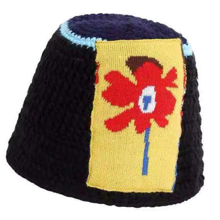 Hat Female Autumn and Winter Face Small Bucket Hat Black Wool Hat Thickened Knitted Bucket Hat