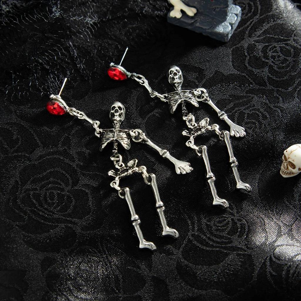 Salircon Gothic Exaggerate Skeleton Pendant Earrings for Women Punk Silver Color Skeleton Dangle Earring Halloween Party Jewelry