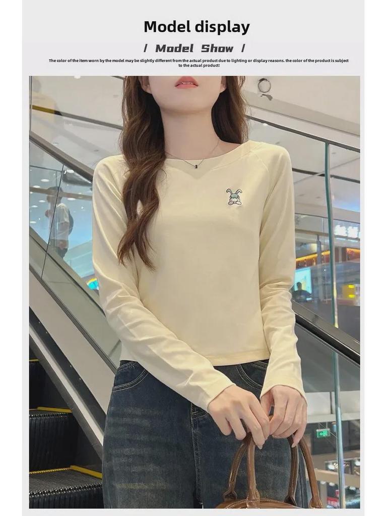 Damen 2024 Herbst Slim Fit Baumwolle Langarm Rundhals Besticktes Oberteil