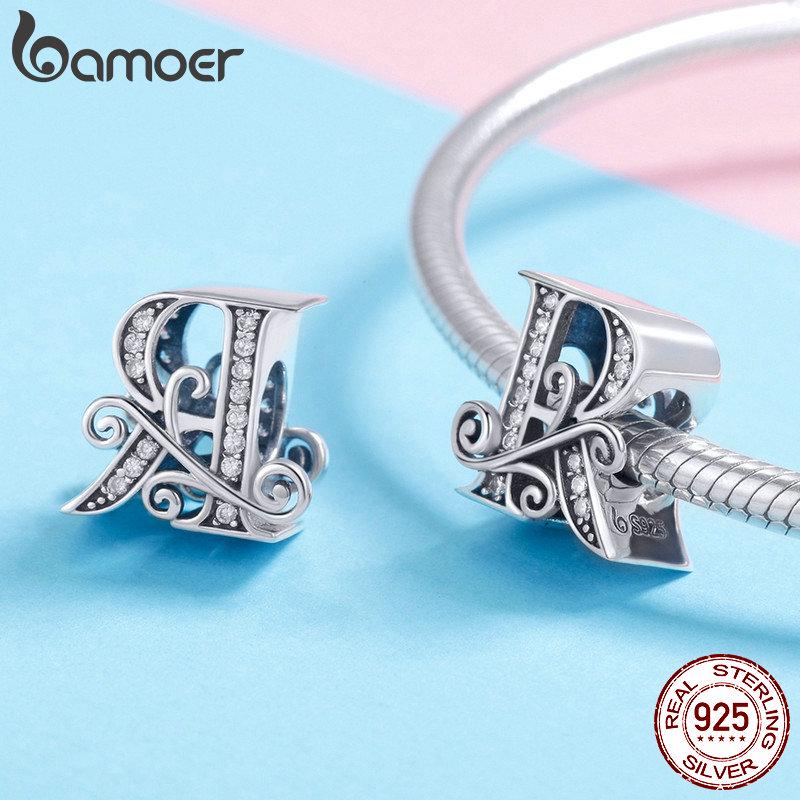 BAMOER Genuine 925 Sterling Silver Letter R Alphabet Beads Charms Fit Charm Bracelets & Bangles DIY