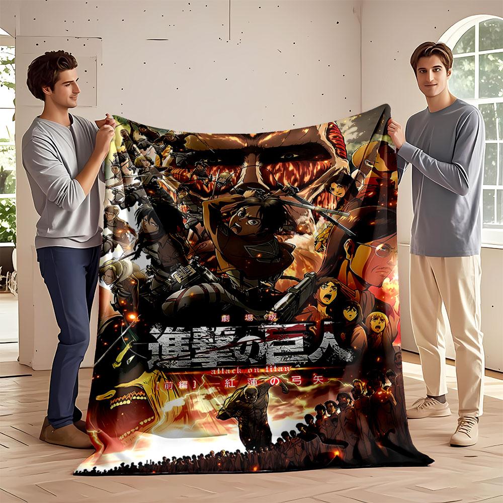 Battle-ready soldiers confronting gigantic, fiery humanoid figures. for all seasons blanket lunch break throw gift