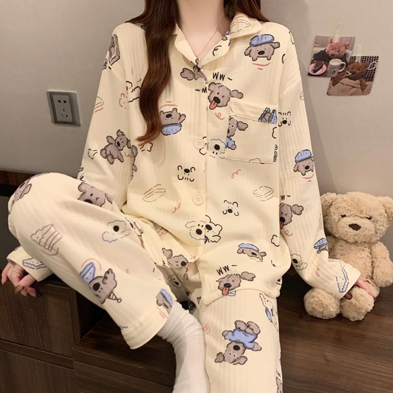 Dackel-Pyjama Herbst und Winter Damen Warm Süß Kariert Luftbaumwolle Lässig Trend Cartoon Loungewear Set