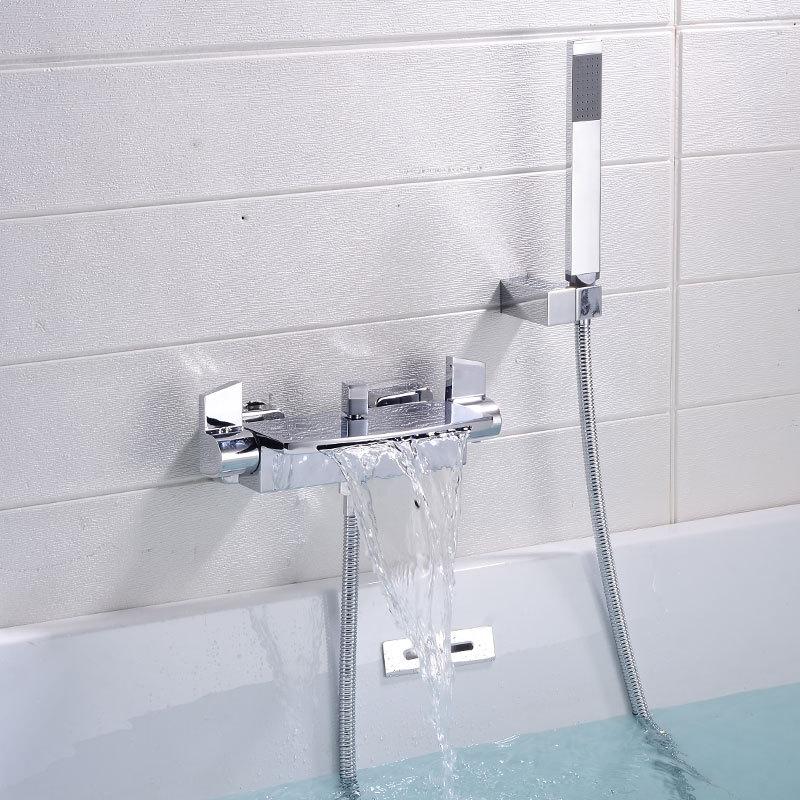 Brushed Gold Bath and Shower Faucet Set Wall Mounted Brass Gray Waterfall Bathtub and Shower Mixer Black Bathroom Taps Brass