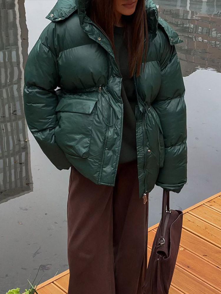 Elegant Solid Color Zipper Hooded Cotton Jacket with Long Sleeves and Pockets - Warm and Thickened for European and American Style.
