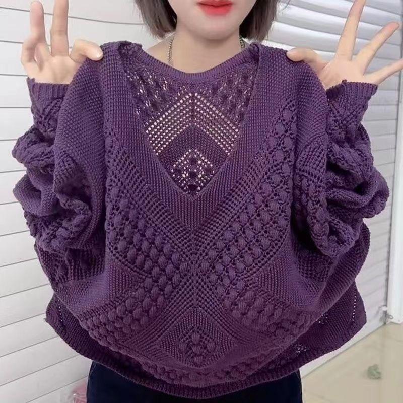 Women's Long Sleeved V-neck Knitted Sweater Loose Korean Fashion Hollow Out Knitted Sweater Top