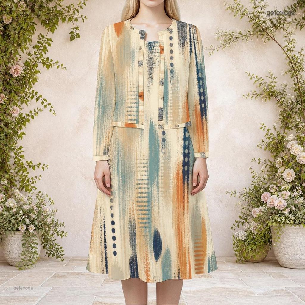 Women Plus Size Abstract Printed Beige Green Brown Two Piece Dress Set Round Neck Long Sleeve Cardigan Sleeveless Midi Dress