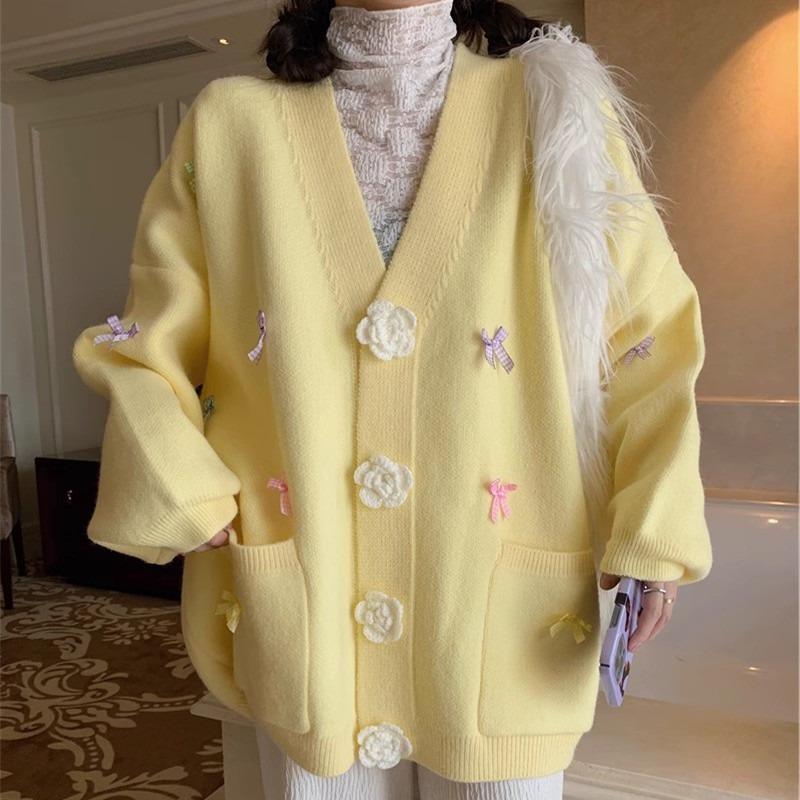 2025 Autumn/Winter Loose Candy Color V-Neck Knit Cardigan with 3D Flower Bow for Women