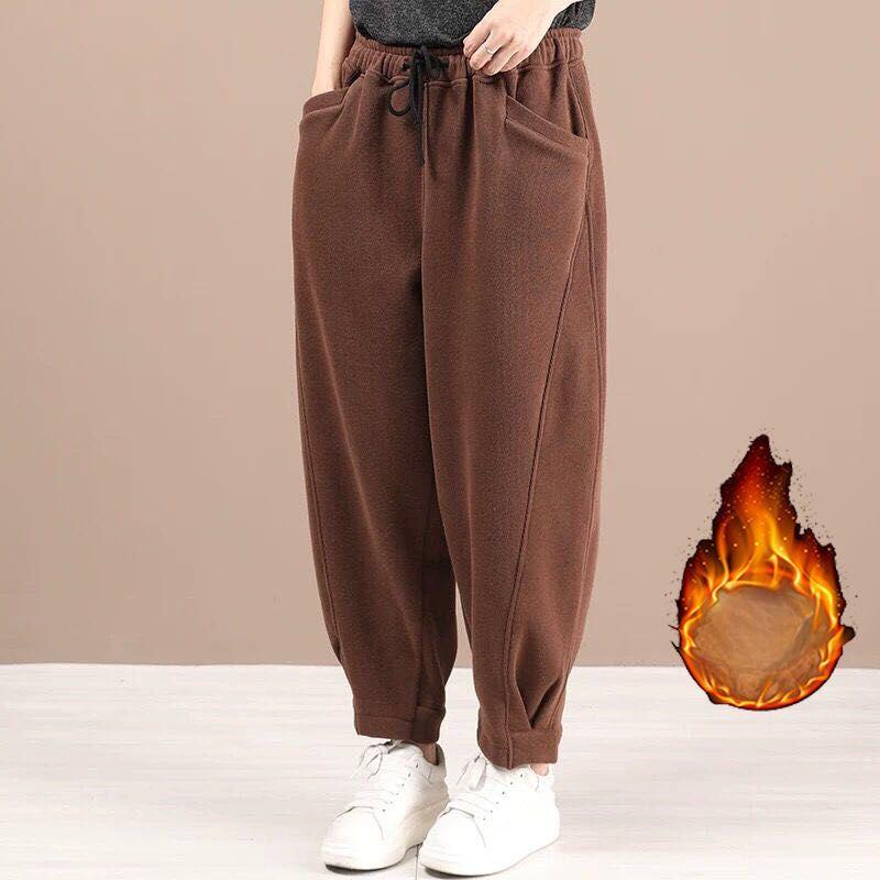Pantalones de chándal gruesos de terciopelo de invierno, pantalones harén de algodón de punto, pantalones casuales holgados retro de talla grande para mujer que combinan con todo