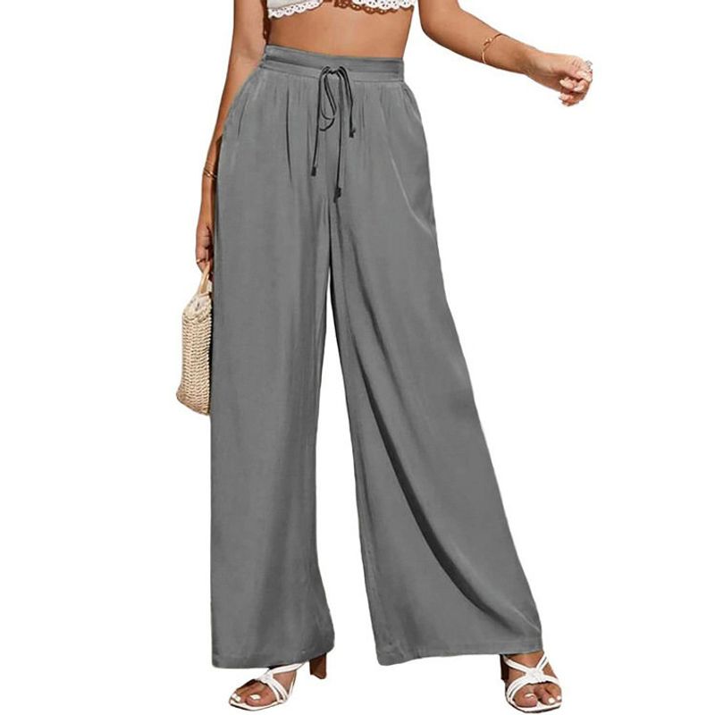 

European and American Summer New Women s High-Waisted Casual Pants Amazon Solid Color Elastic Waist Drawstring Loose Wide-Leg Pants for Women Gray M