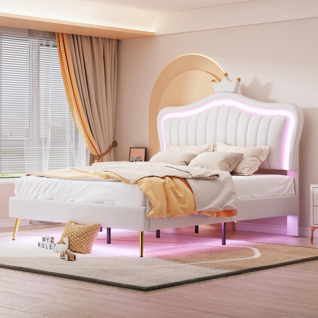 Children's Upholstered Bed 140 x 200 cm, White Crown Double Bed Frame made of PU Leather with LED Lights, Slat Frame, Backrest (Mattress not included)