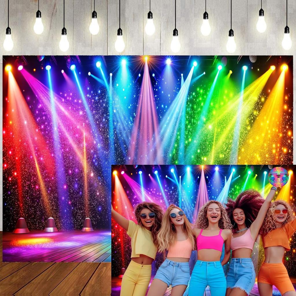 7x5ft Fabric Disco Rainbow Stage 70s 80s 90s Backdrop Vintage Lights Photography Background Rock Music Club Neon Glow Party Decorations