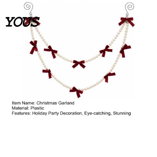 Seasonal Home Accents Christmas Velvet Bow Faux Pearl Garland, 2 Layers Beads Festive Party Hanging Ornaments String Strand for Tree, Wreath,
