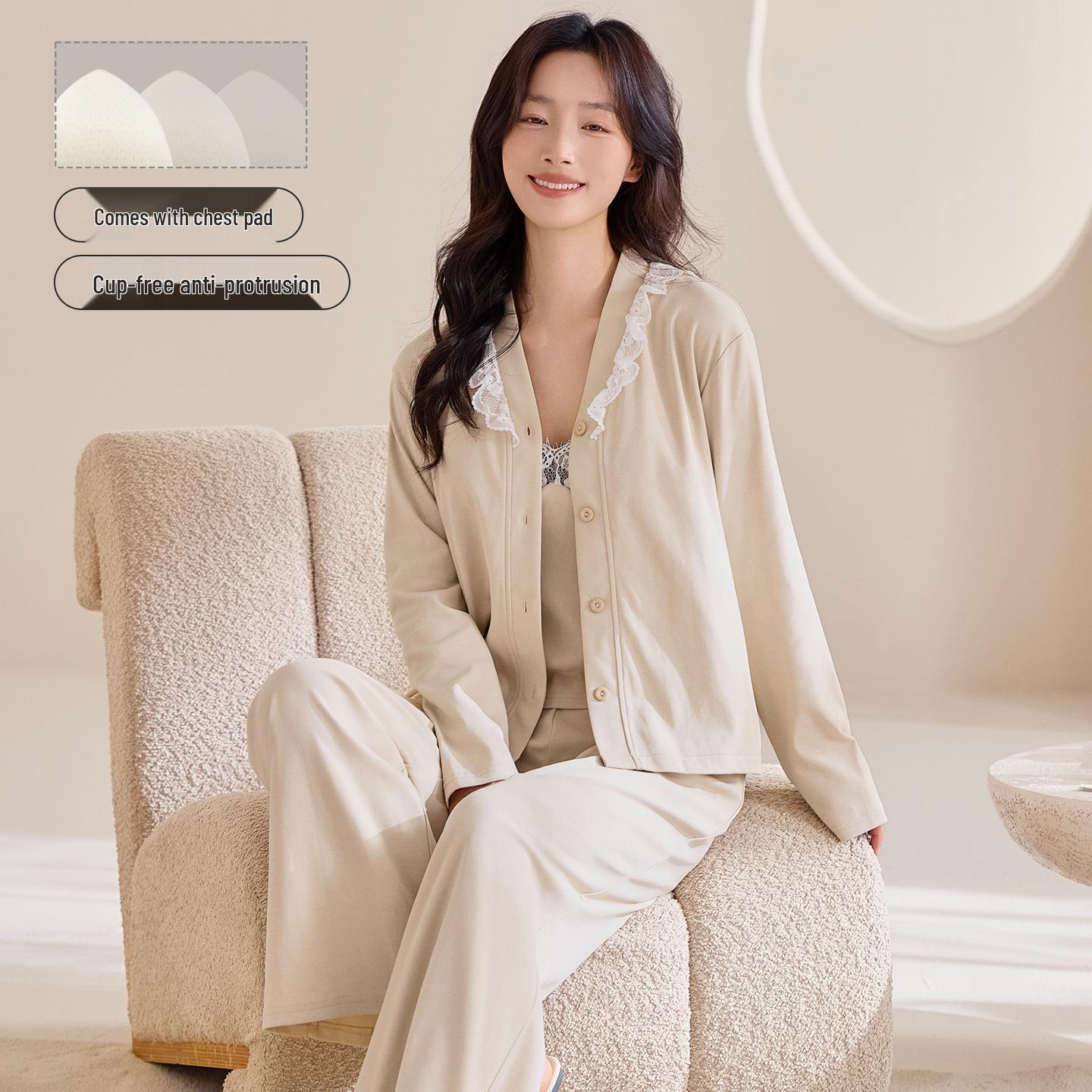 

100% Cotton Three-Piece Couples Set with Chest Pads - Soft, Comfortable, Long-Sleeved for Spring & Autumn at Home L