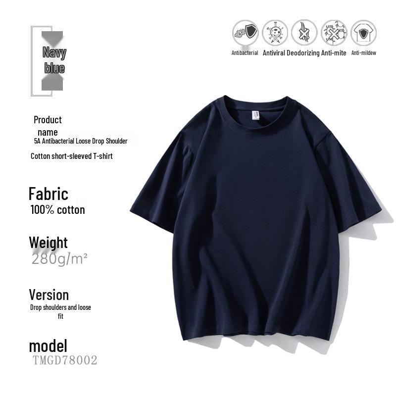 

280g 5A Antibacterial High-Quality Pure Cotton T-Shirt with Embroidered Logo – Trendy Brand Culture Shirt XXL темно-синий