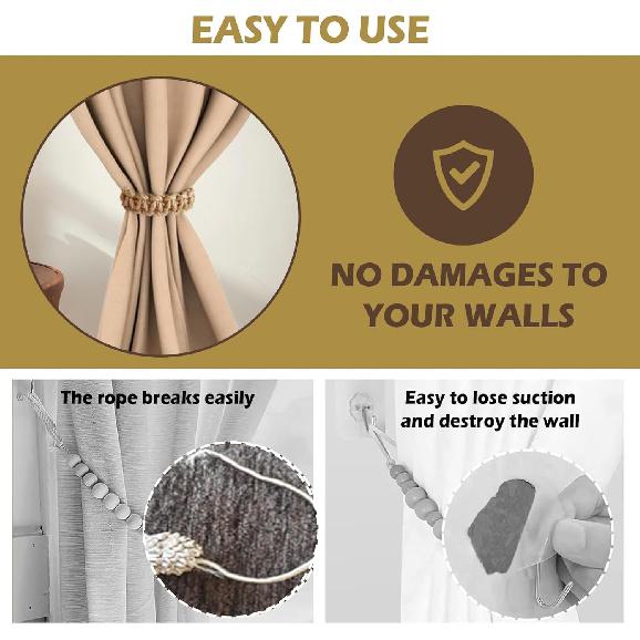 Braided Jute Curtain Tiebacks Set of 2, Rustic Curtain Tie Backs for Curta, Decorative Drapery Holdbacks Bohemian and Farmhouse Style for Lightweight