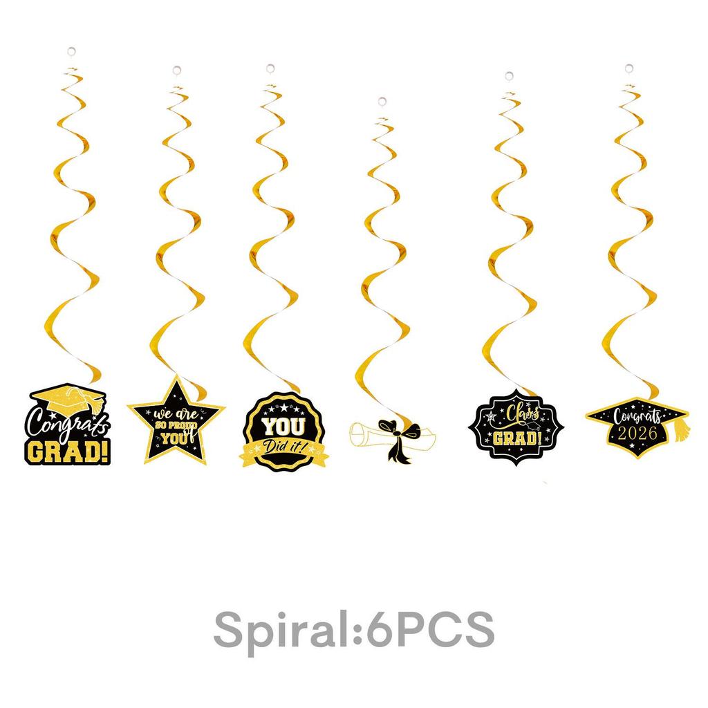 2026 Black & Gold Graduation Party Supplies: Paper Plates, Pull Flags, & Napkins.