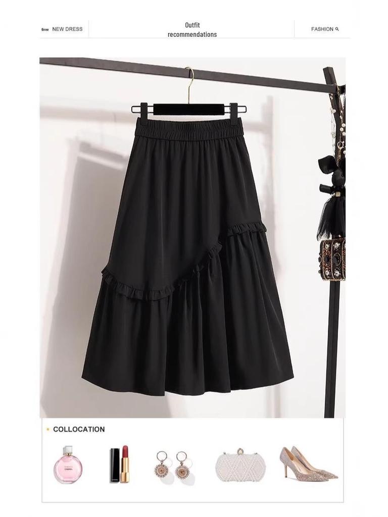 Plus Size Elegant A-line Fluffy Skirt - Spring/Summer Korean Style, Casual High-Waisted, Versatile Mid-Length Skirt