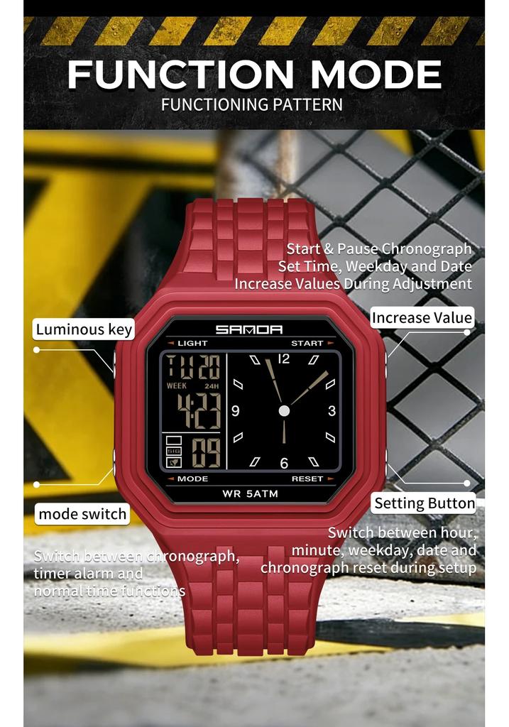 SANDA Fashion Electronic Watch Men's 50m Waterproof Night Light Multi Functional Student Trend Dual Screen Sports Watch