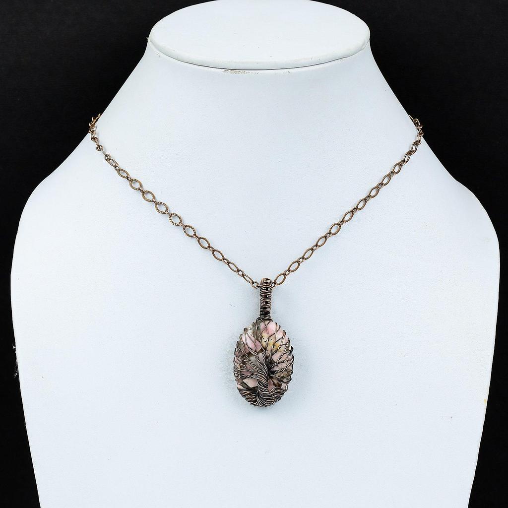 Tree Of Life Copper Rhodochrosite Gemstone Pure Copper Wire Wrapped Handmade Pendant Jewelry
