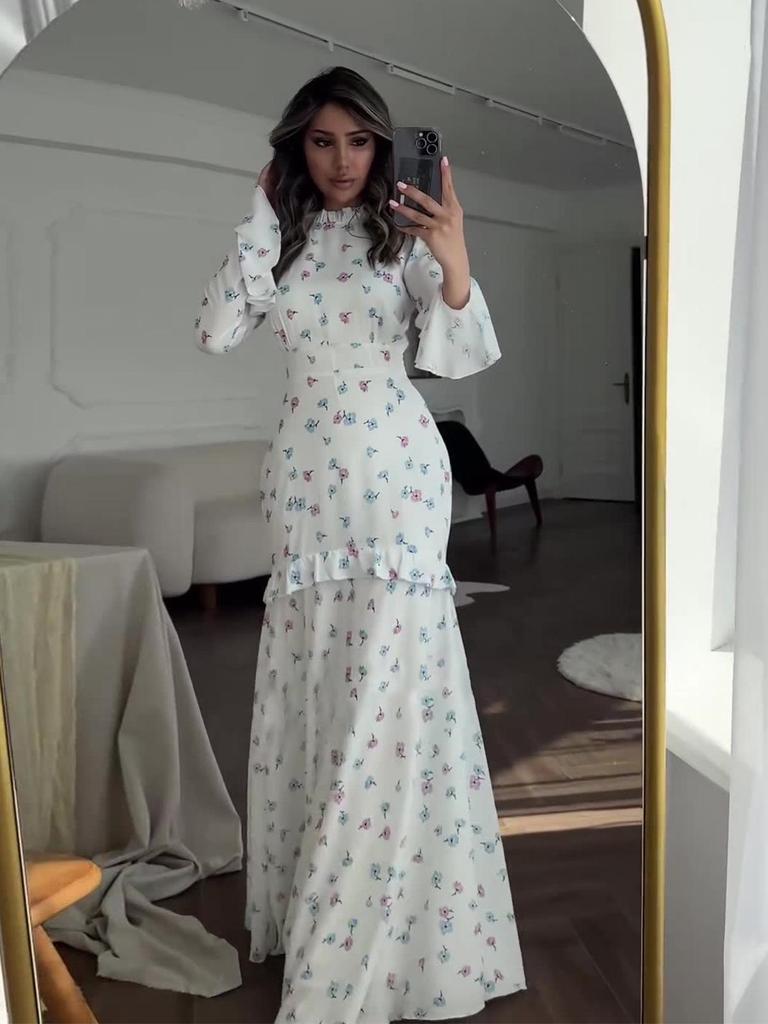 European & American Floral Ruffle Long Dress - Gentle Style, Fresh Spring White, 2024 Collection