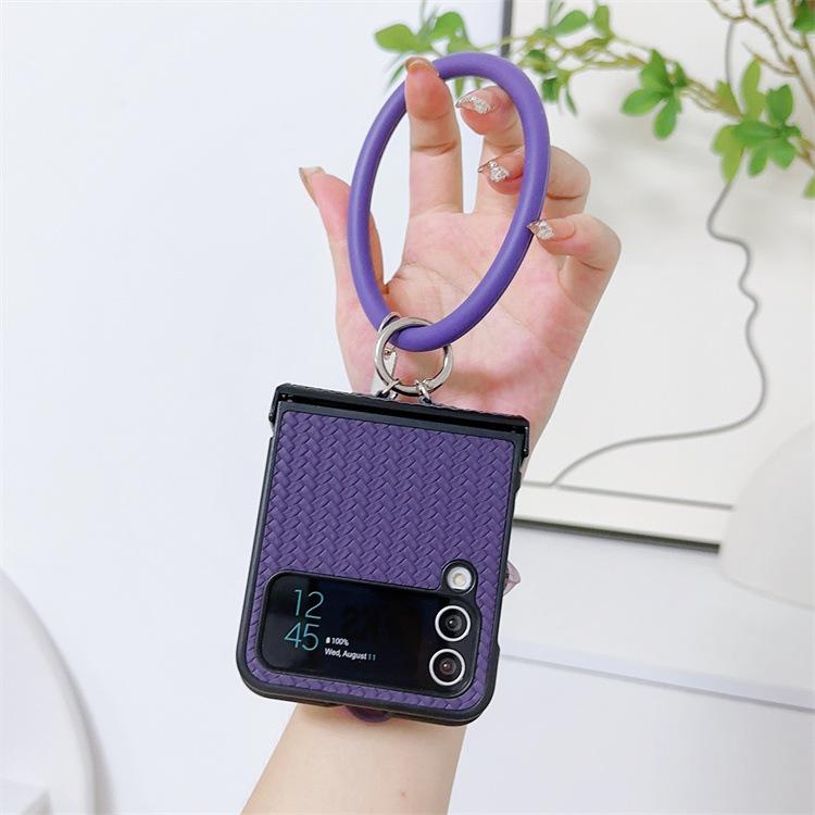 Applicable To Samsung ZFlip5 Mobile Phone Case Straw Mat Pattern Leather Case Flower Portable Hanging Ring Zflip4 Folding Protective Case