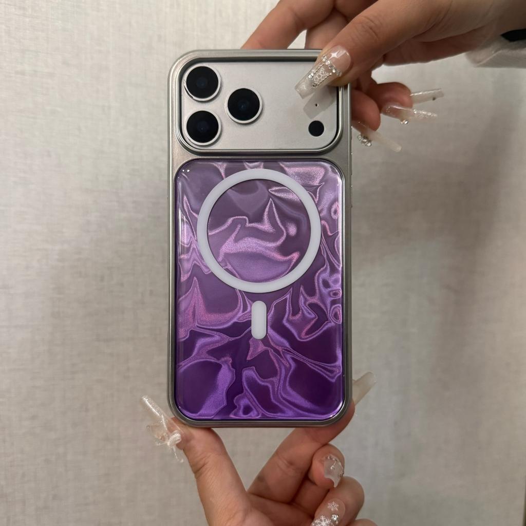 Advanced Illusion Color Gradient Water Ripple Purple Mirror With Holder Magnetic Phone Cover Case For iPhone 17 16 15 Pro Max