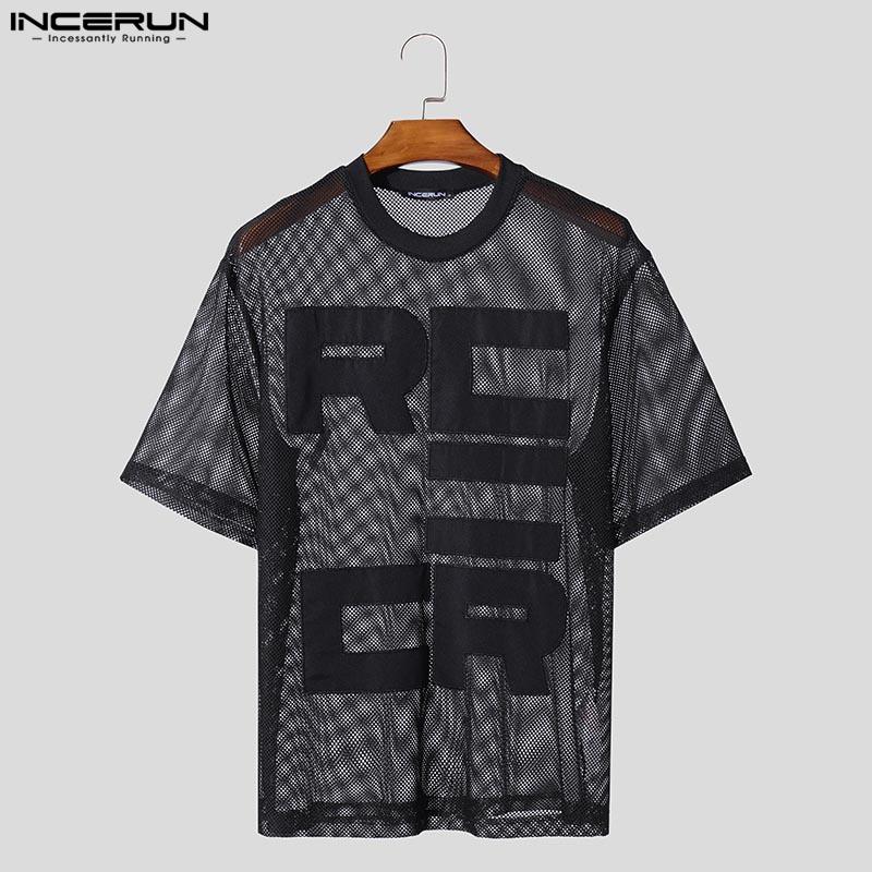 INCERUN Men Summer O Neck Short Sleeve Letter Print Mesh Sheer T-Shirts Transparent Tops