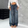 Vintage Herz Patchwork Ausgefranster Rand Weites Bein Damen Jeanshose