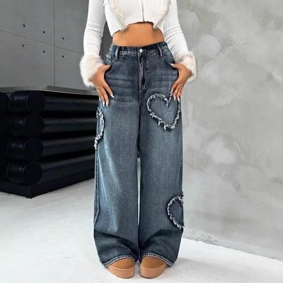 Vintage Heart Patchwork Frayed Edge Wide-Leg Women's Denim Pants