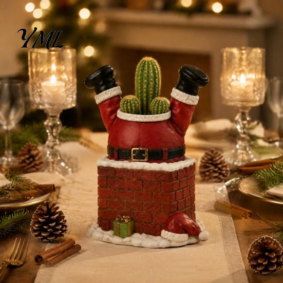 Winter Garden Decor Santa Claus in Smokestack Flower Pot Ornament, Resin Decorative Plant Durable Succulent Planter Container, Small for Holiday