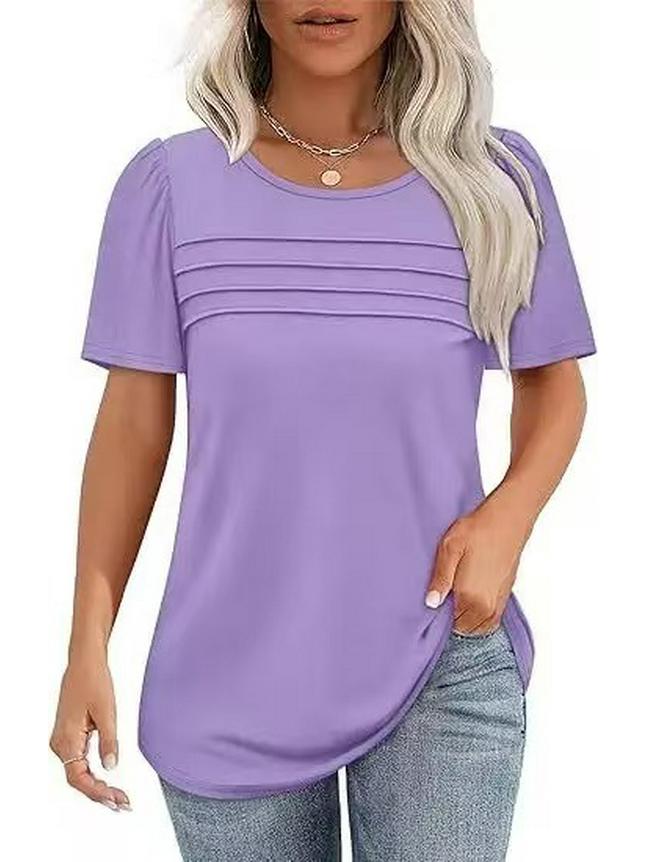 Women's Casual Pleated Loose T-shirt, Round Neck, Short Sleeve, Summer 2026 Collection