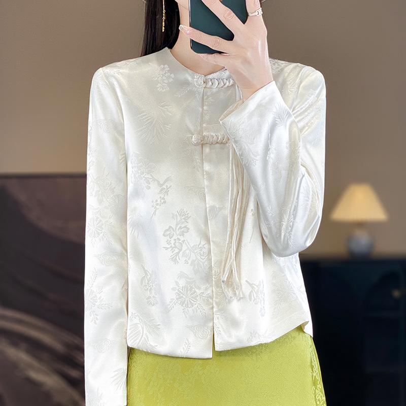 2024 Retro Tang Suit Women's Short Jacquard Jacket with Frog Buttons