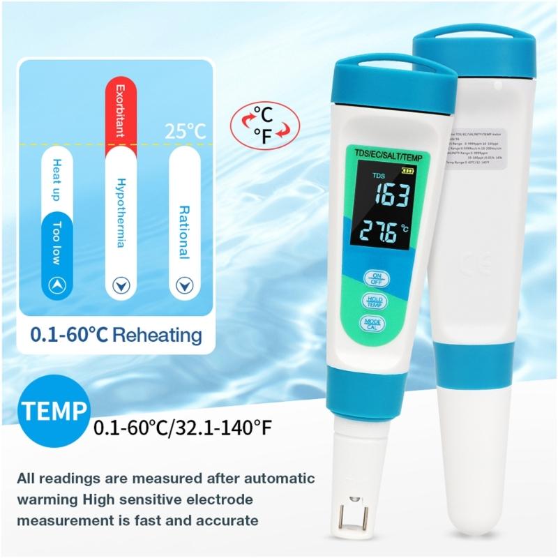 4 In 1 Salinity Meter with  Conductivity Temperature Tester Water Quality Test Pen for Fish Tanks & Swimming Pools
