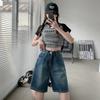 Retro Wide-leg Denim Five-point Pants Women's Summer Thin Section High Waist Loose and Thin Fashion All-match Straight-leg Pants