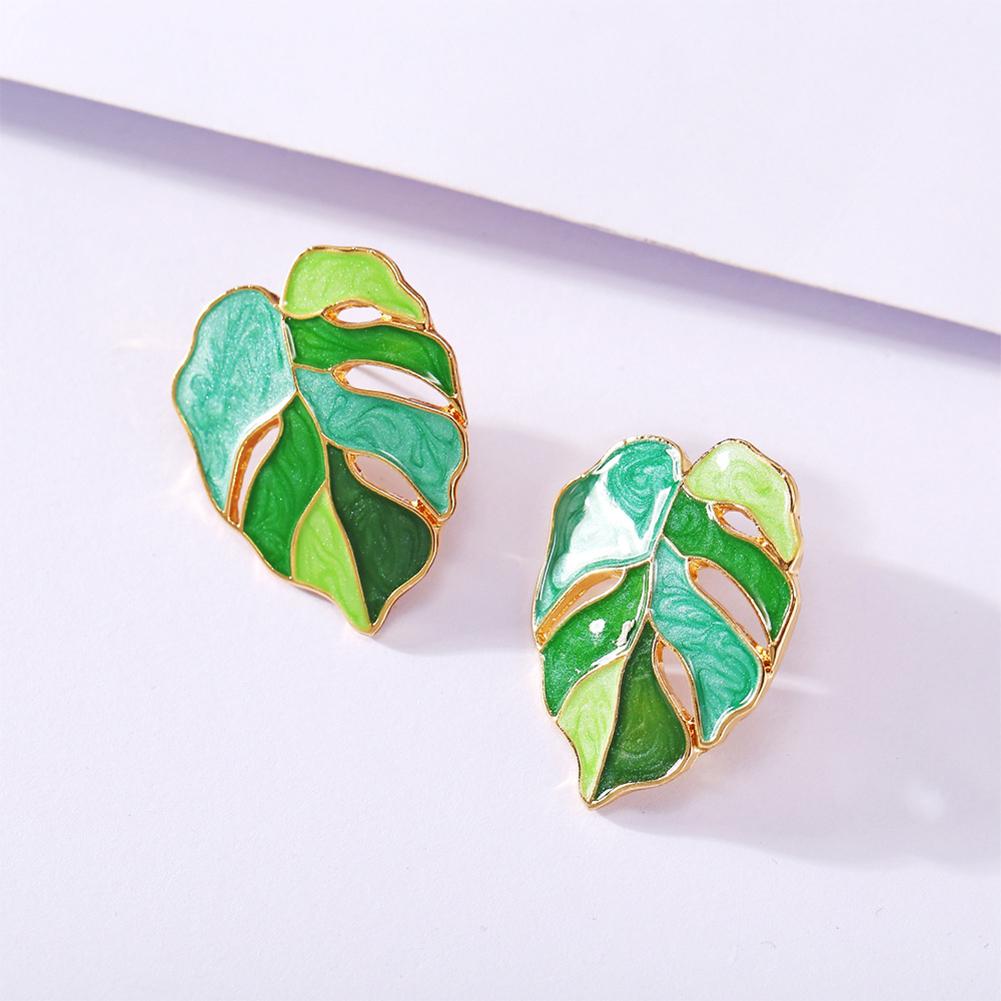 1 Pair Of Women Earrings Alloy Bohemian Style Drop Oil Green Leaf Earrings